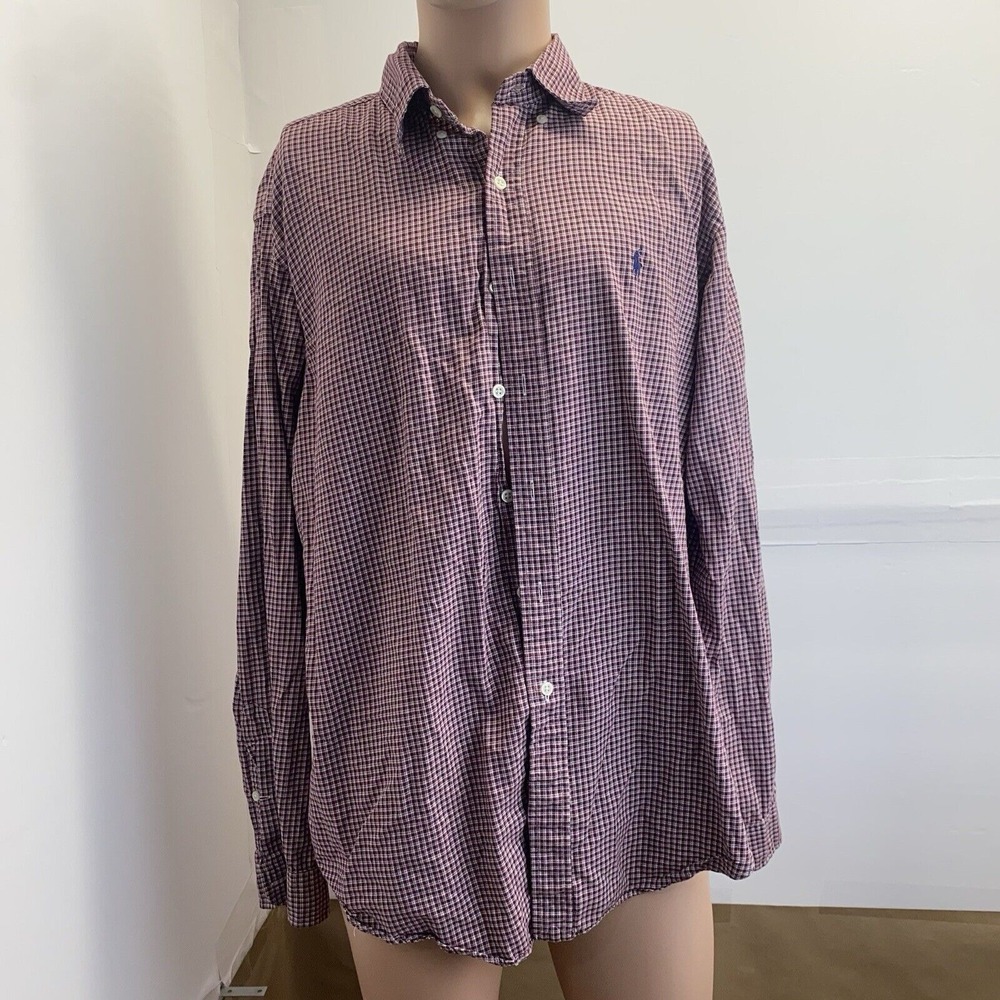 RALPH LAUREN Men Button Up Shirt Red White Check Classic Fit Size XL Dress Shirt
